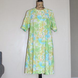 Vintage 1960s Rhapsody by Glazier Blue Green Yellow Floral House Dress Women's M